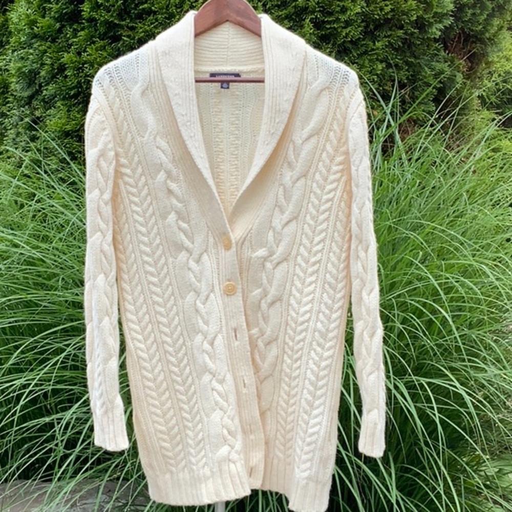Lands' End Cream Cable Knit Wool Cardigan Sweater EUC